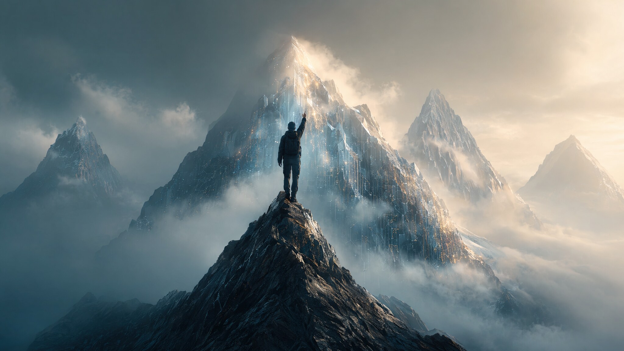 一个摸向数字山峰的登山者