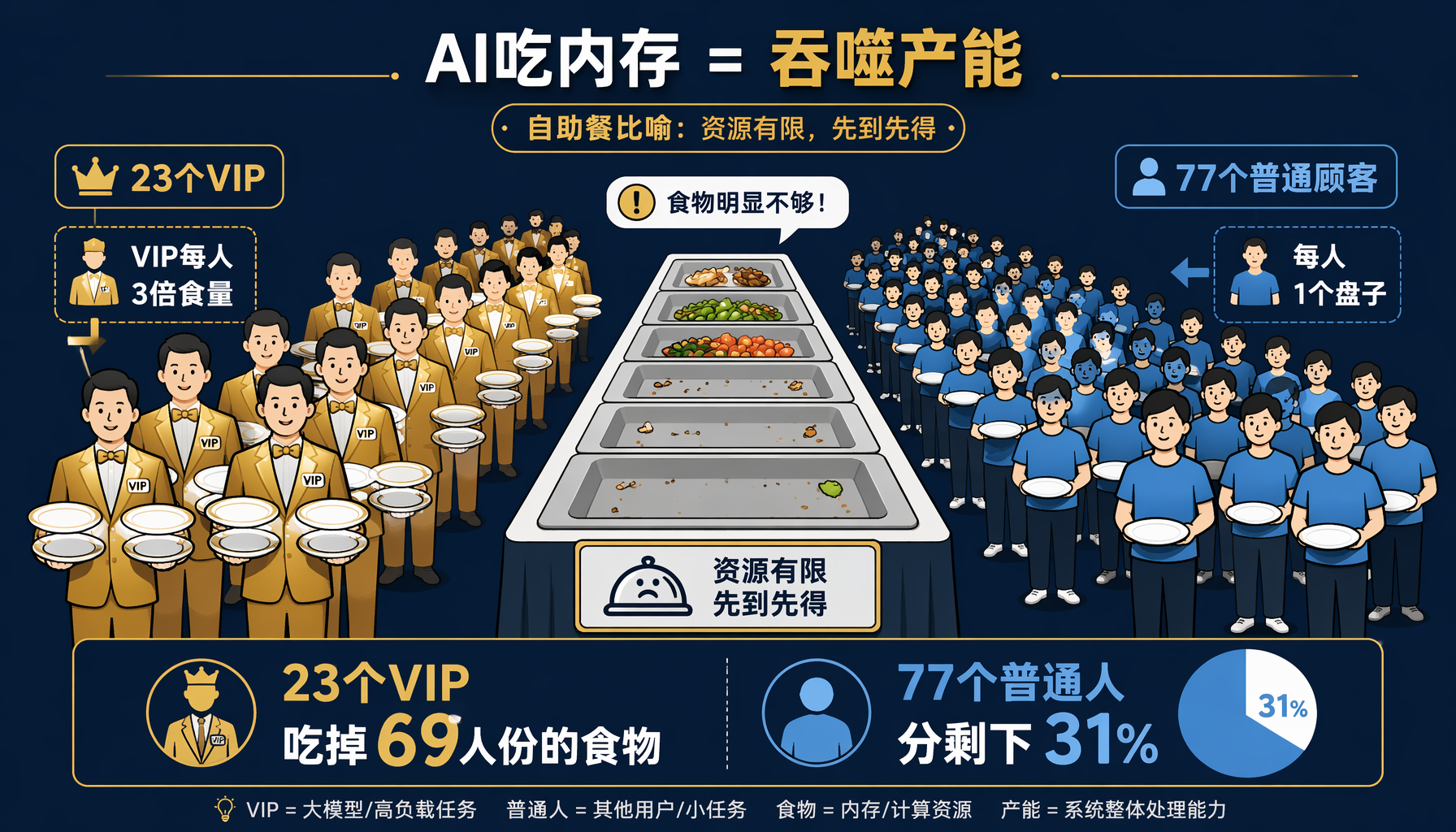 自助餐比喻，23个VIP吃掉69人份