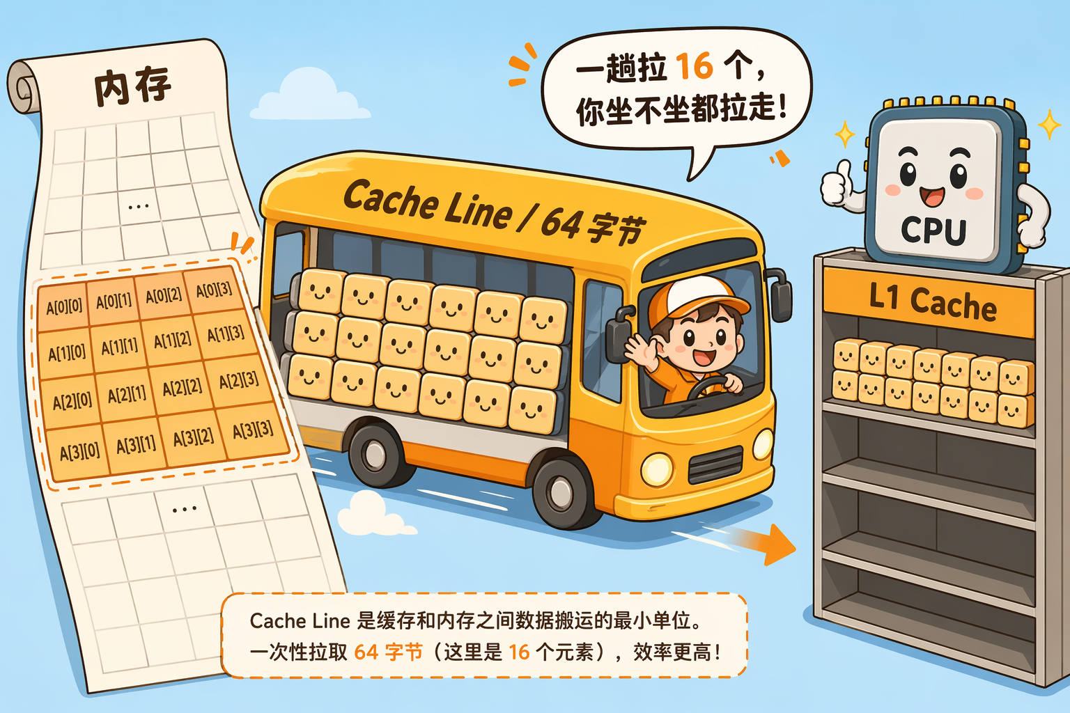 Cache Line 公交车小哥示意:一辆卡通公交车从内存纸条上一次拉走 64 字节(16 个 int 槽位),送到 CPU 旁边的 L1 货架上