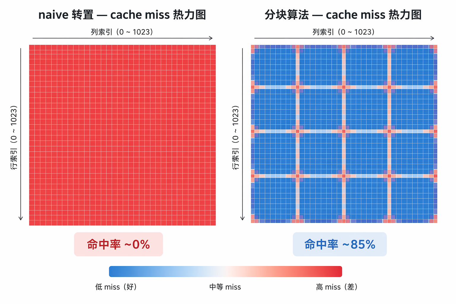 1024x1024 矩阵 cache miss 热力图,naive 转置版本几乎全红;后面会展示分块算法版本几乎全蓝