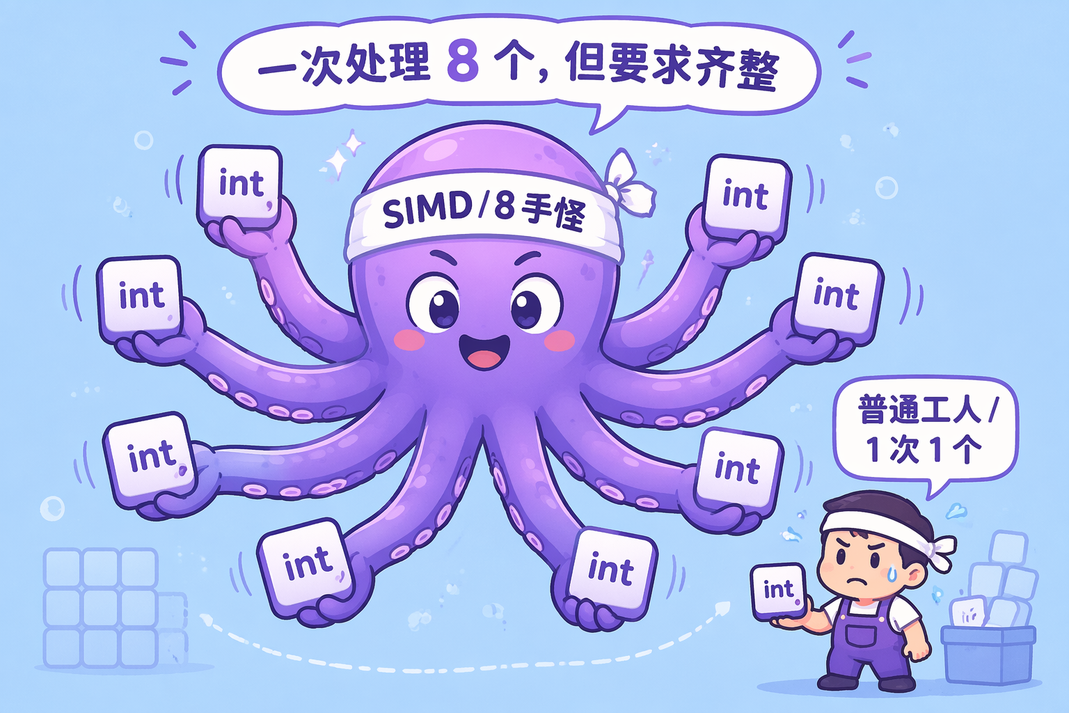8 手怪示意:一个 8 只手的卡通角色一次同时处理 8 个连续的 int 槽,旁边对比普通工人 1 只手 1 个