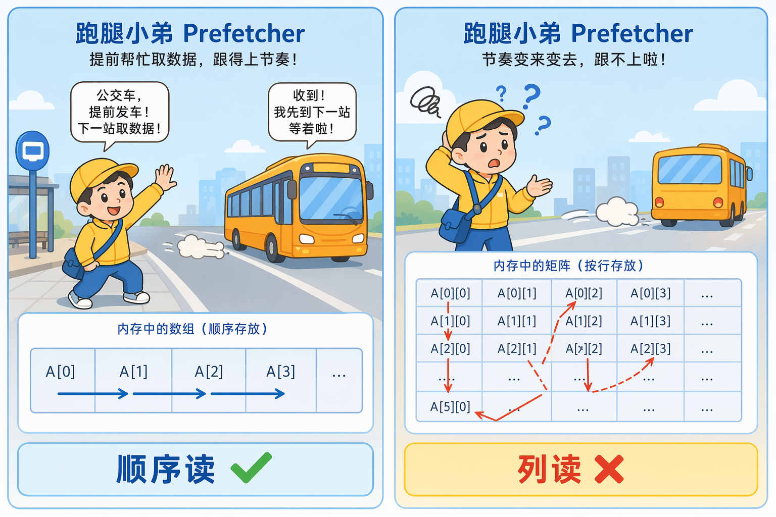 跑腿小弟示意:左边顺序读,跑腿小弟提前发车把下一批数据取回来;右边列读,跑腿小弟挠头摊手,数据还没到工人就开始发呆