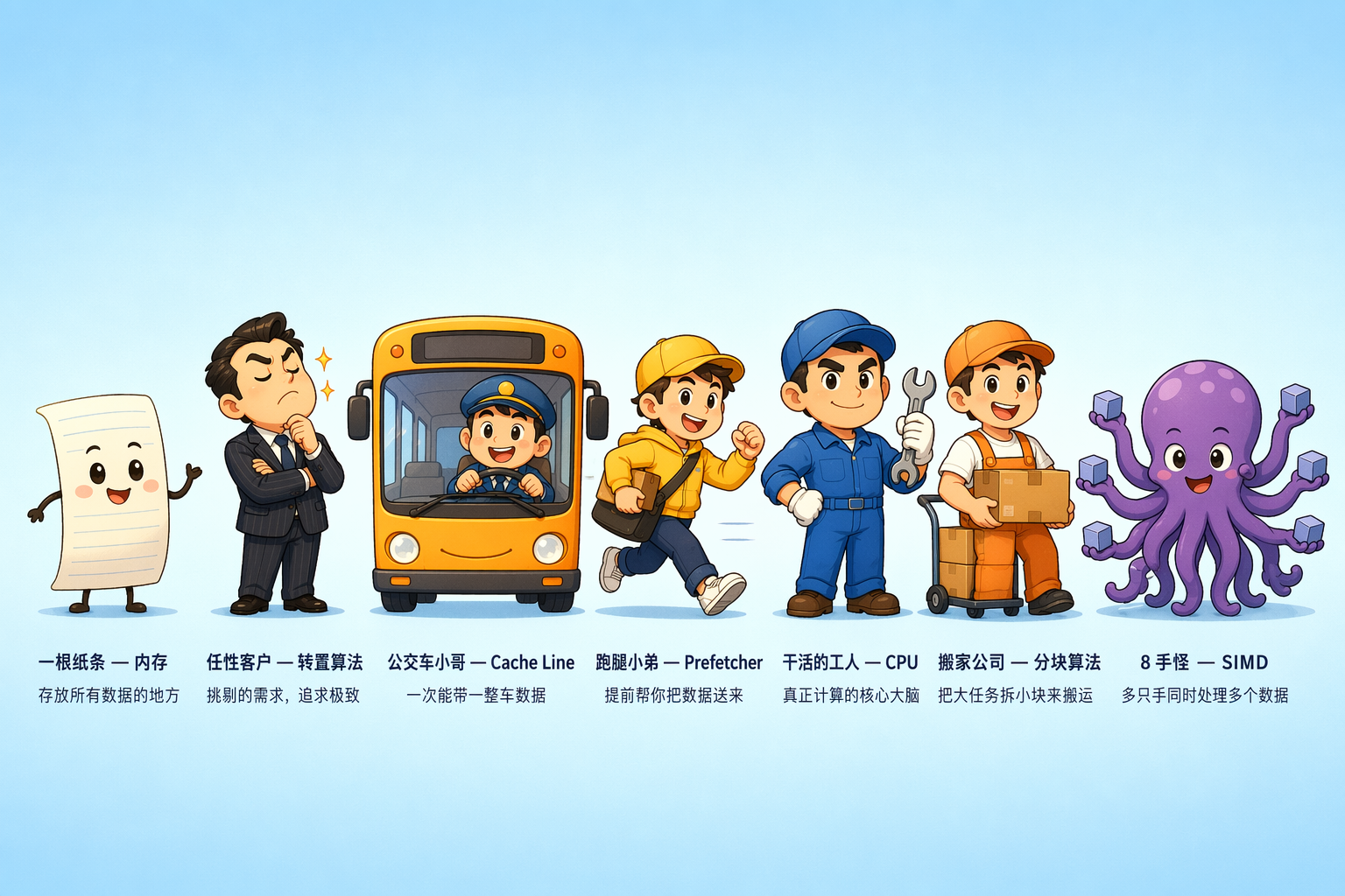 收束总结图:任性客户 / 一根纸条 / 公交车小哥 / 跑腿小弟 / 干活的工人 / 搬家公司 / 8 手怪,所有角色一字排开,标注各自职责