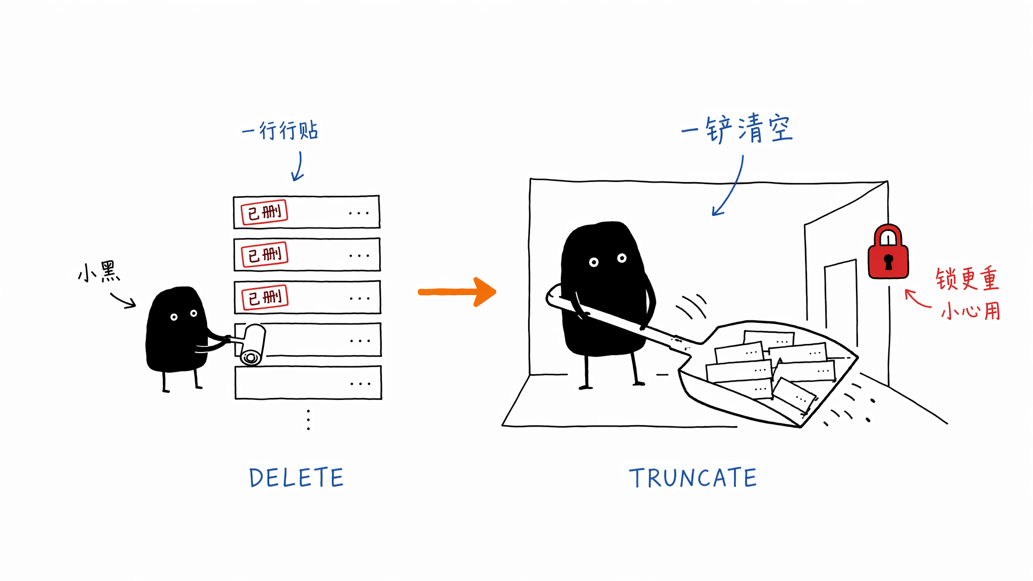 TRUNCATE 大铲子直接铲空整个房间,旁边 DELETE 还在一张张贴标签