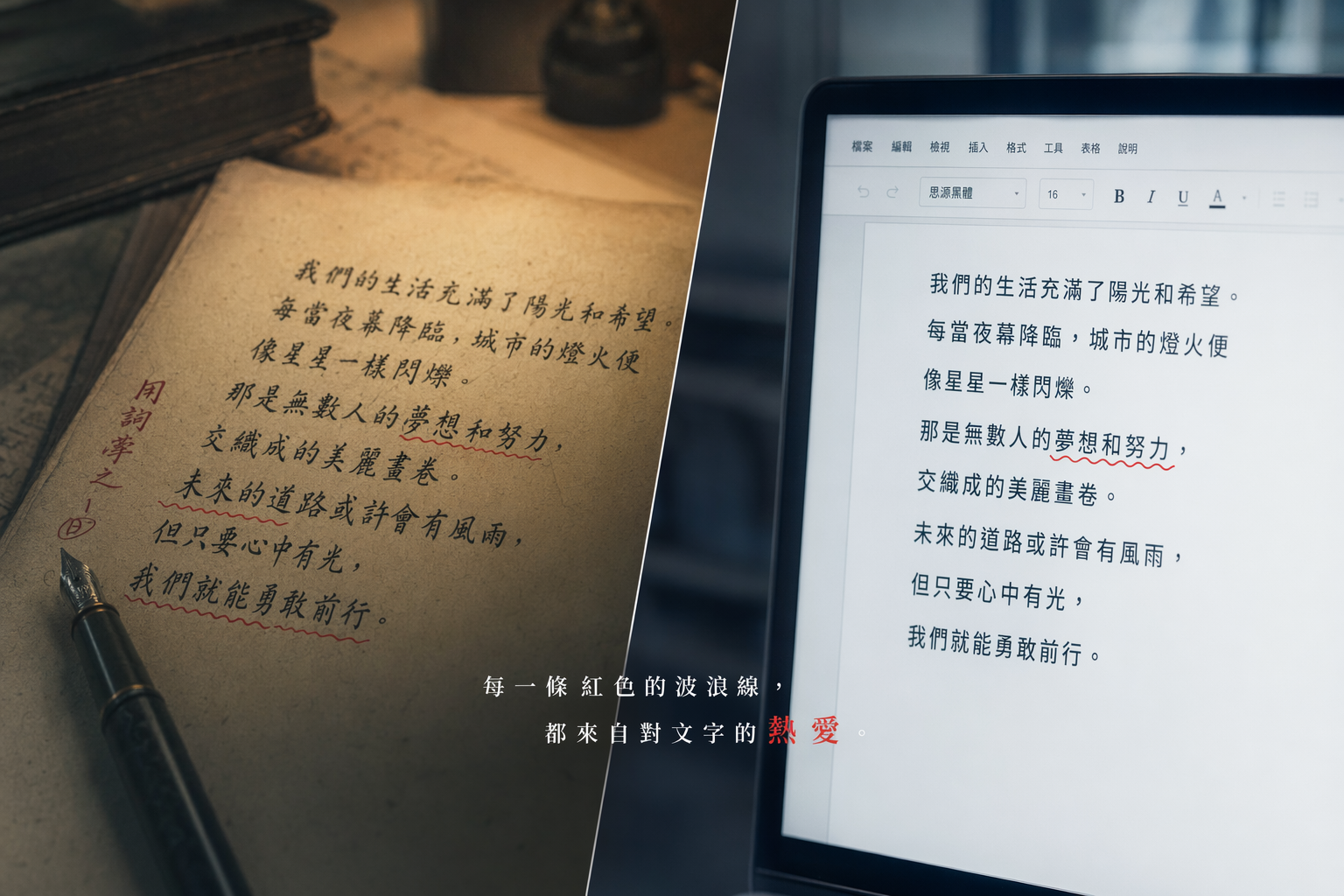 从传统校对员的红色手写标记，到屏幕上的红色波浪线